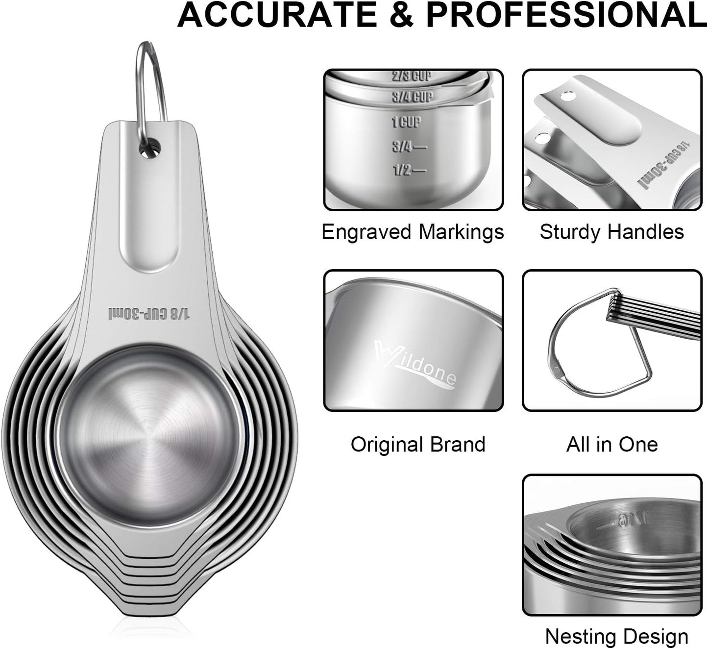 Stainless Steel Measuring Cups, Wildone Metal Measuring Cups Set with Easy to Read Markings for Measuring Dry or Liquid Ingredients, Set of 7