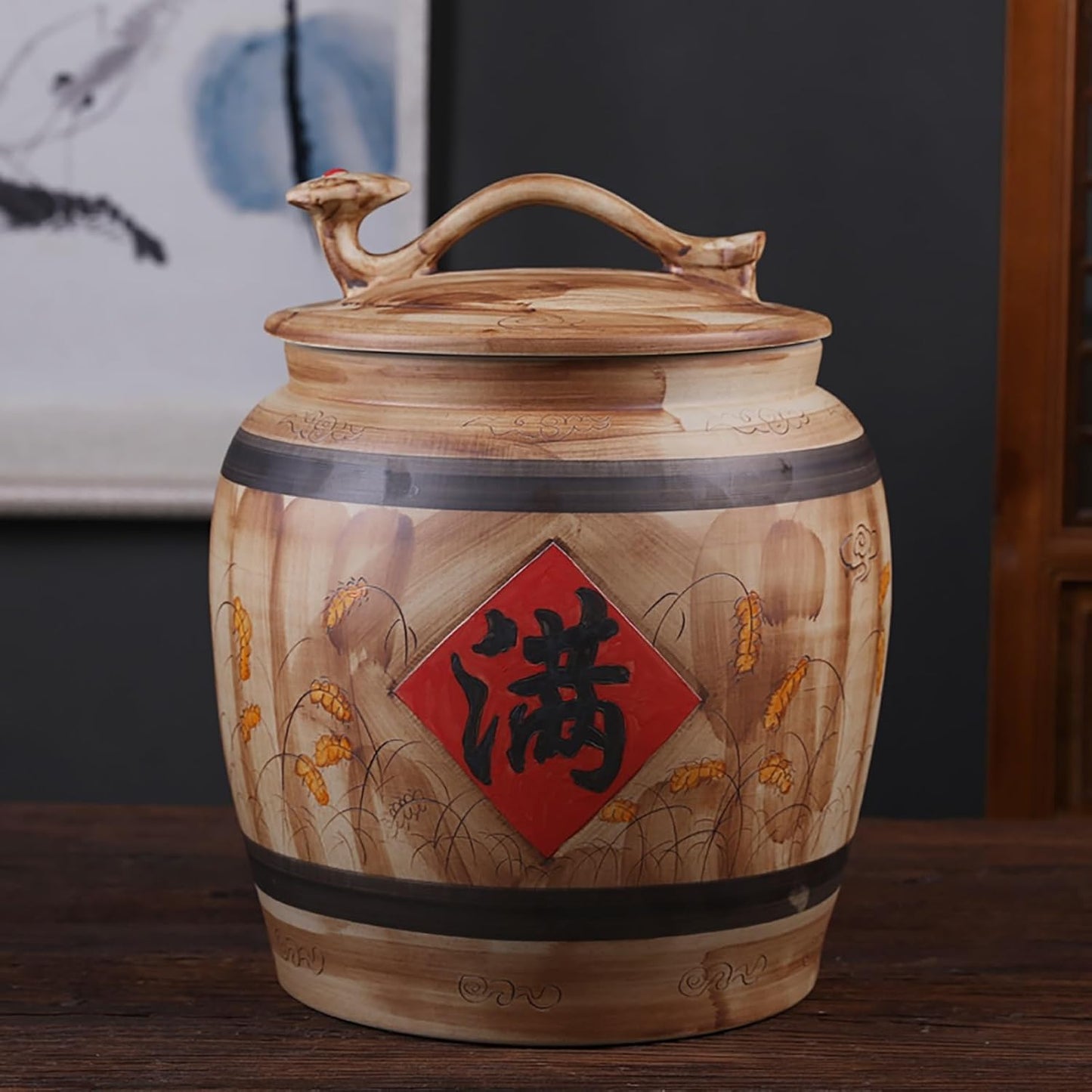 Ceramic Rice Storage Container Sealed Rice Bucket, Grain Dispenser Food Storage Jars, Chinese Jar Ceramic Decorative, for Cereal, Flour, Sugar, Coffee, Rice(39 * 30cm/15.3 * 11.8in)