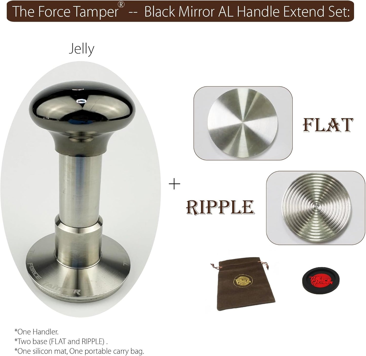 The Force Tamper Automatic Impact Coffee Tamper Adjustable Const Pressure and Autoleveling Extend Set New (Jelly-Black Mirror AL, 53.50mm)