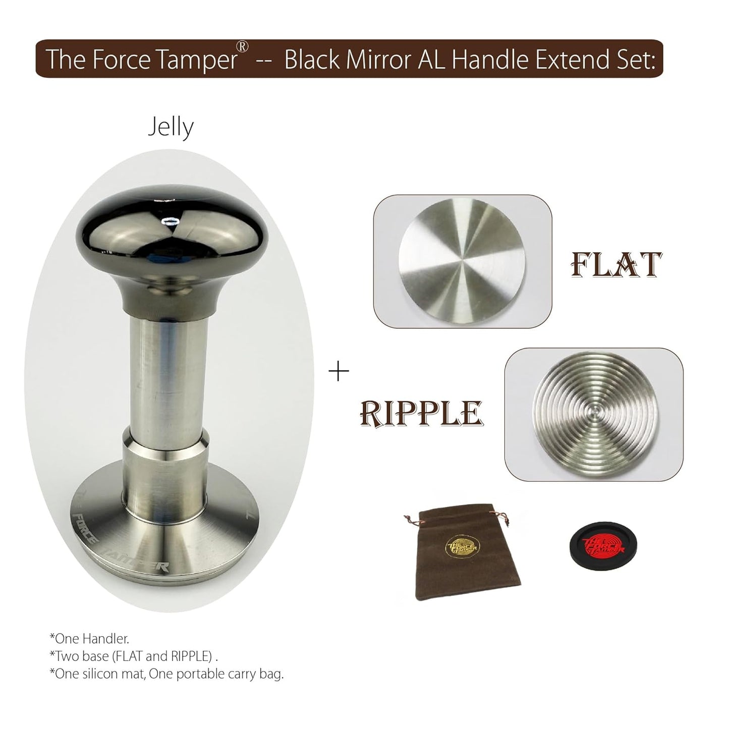 The Force Tamper Automatic Impact Adjustable Constant Pressure and Autoleveling Coffee Tamper Black Mirror Jellyfish AL Handle Set Pro (Extend Set, 53.00mm)