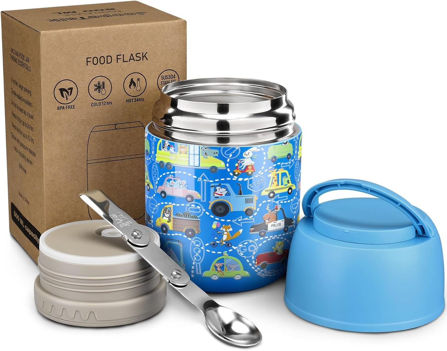 17 oz Insulated Lunch Containers Hot Food Jar, Wide Mouth Lunch Thermo for Kids Adults, Vacuum Stainless Steel Lunch Box With Handle Folding Spoon for School, Office Blue - Car