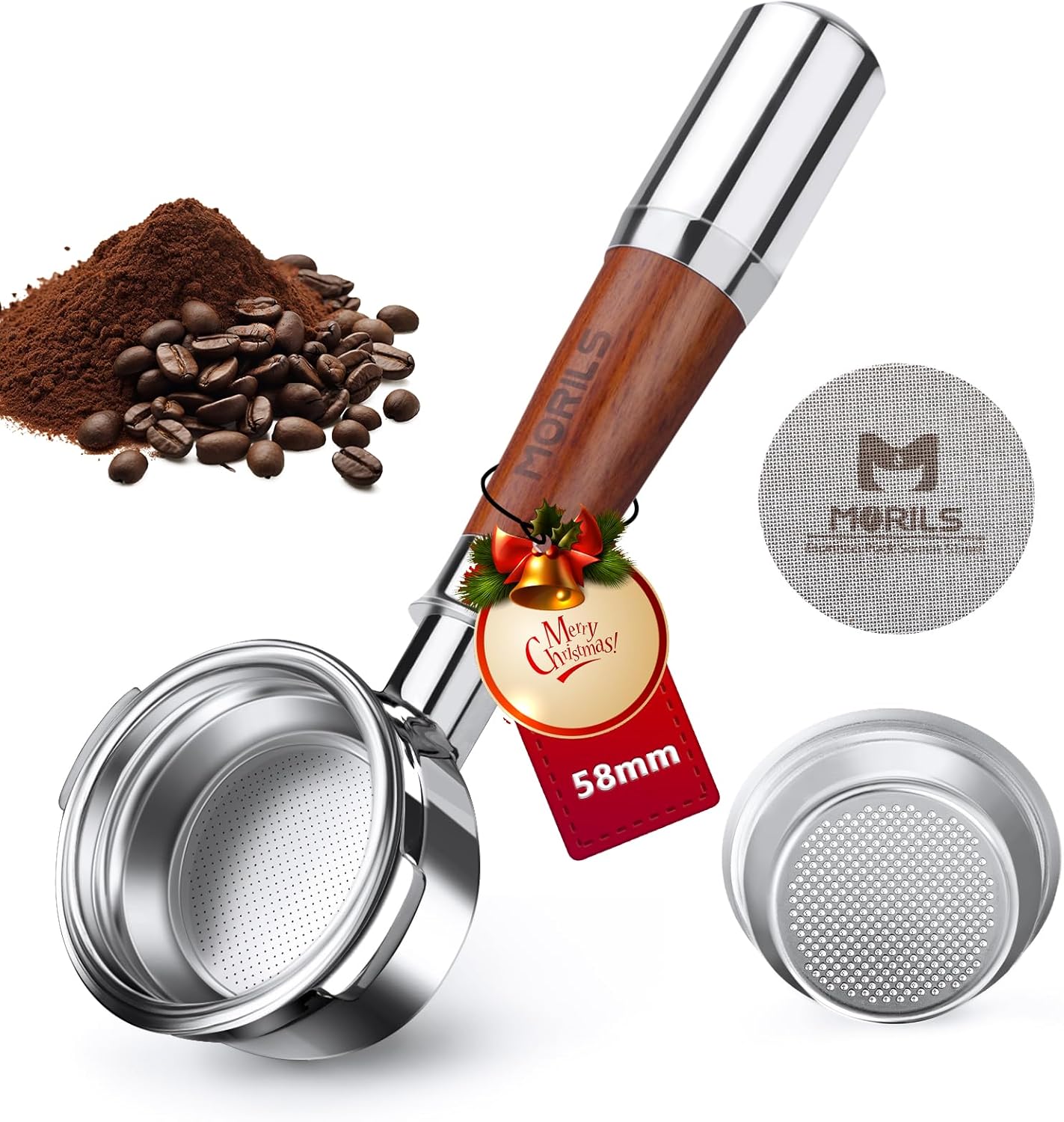 58mm Bottomless Portafilter with Double Shot Filter Basket & Premium Walnutwood Handle, Portafilter Compatible with All Breville 58mm Machines, Espresso Accessories(Puck Screen)