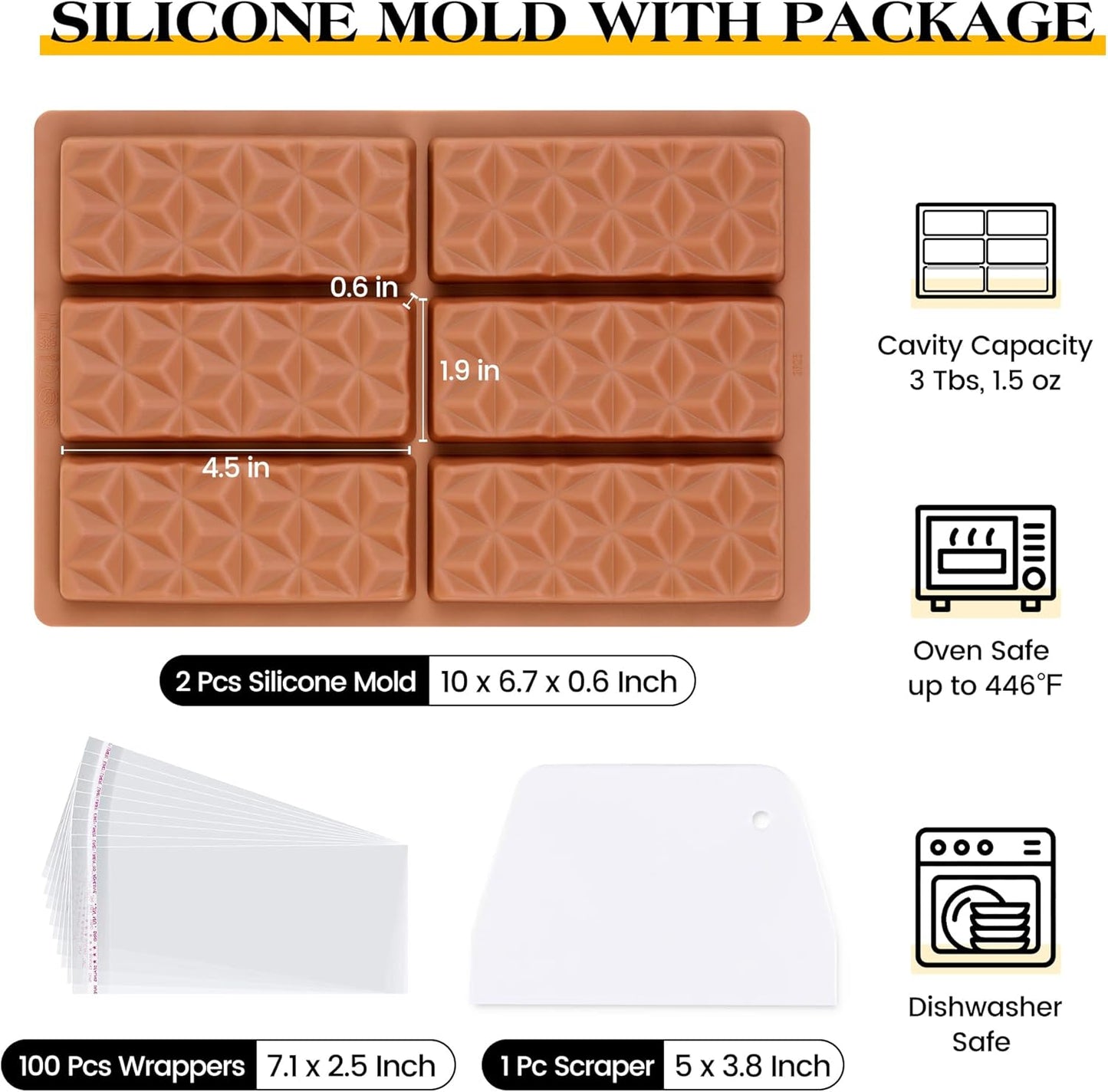 2 Pcs Chocolate Bar Mold Deep Dubai Stuffed Silicone Molds for Filling Knafeh Pistachio Chocolate Bar and Wax Melts Rectangle Thick Candy Bar Molds Break Apart (Pyramid)