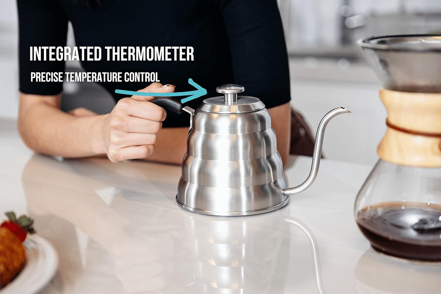 Barista Warrior Gooseneck Kettle for Pour Over Coffee and Tea with Thermometer for Exact Temperature, Precision Pour Drip Spout, Compatible with all Stove Tops (Matte Black, 1.2 Liter, 40 fl oz)