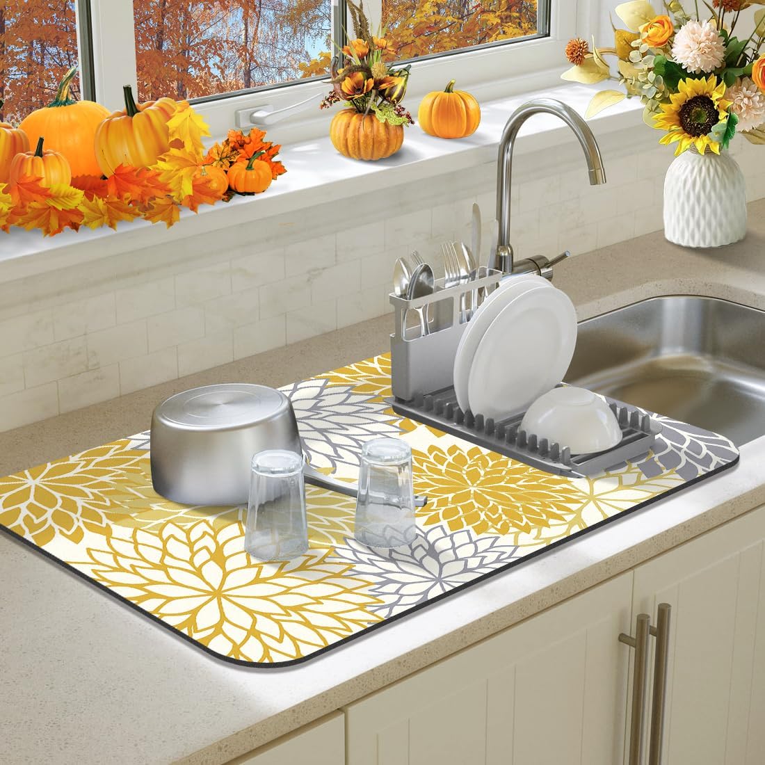 Findosom 2PCS 12" x 20" Fall Dish Drying Mat & 24" x 5.5" Sink Splash Guard, Super Absorbent & Cuttable Dish Mat Drying Kitchen Mat with Yellow Floral, Hide Stain Drying Mat for Kitchen Counter
