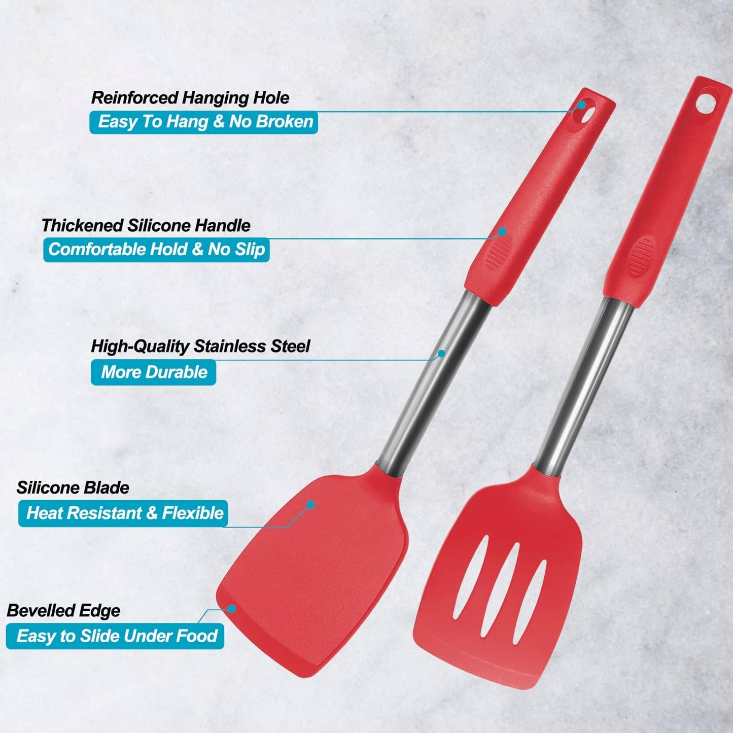 Silicone Spatula and Cooking Spoon,5 Pack Non-Stick Cooking Utensils for Kitchen，Heat Resistant Solid & Slotted Spoons and Spatulas, Stainless Steel Handle Coated with Silicone,Red