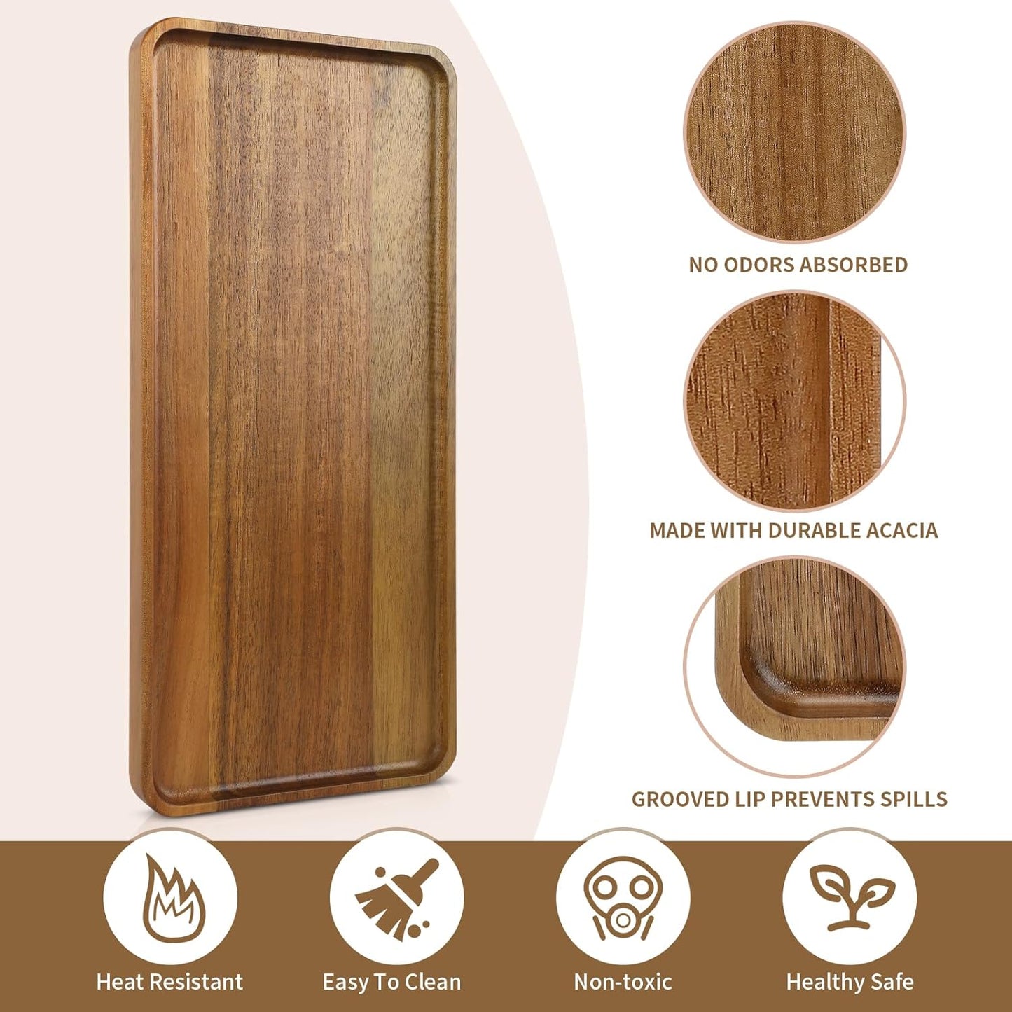 3 pcs 14"x5.3" Solid Acacia Wood Serving Trays Rectangular Wooden Serving Platters Natural Wooden Boards for Bar Coffee Party