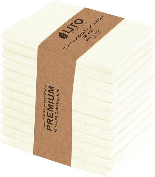 LITO LINEN AND TOWEL Flour Sack Towels ? 100% Cotton, 28x28 Inches, Highly Absorbent, Embroidery-Ready Tea Towels for Kitchen & Crafts, Farmhouse Decor, Pack of 12 Natural