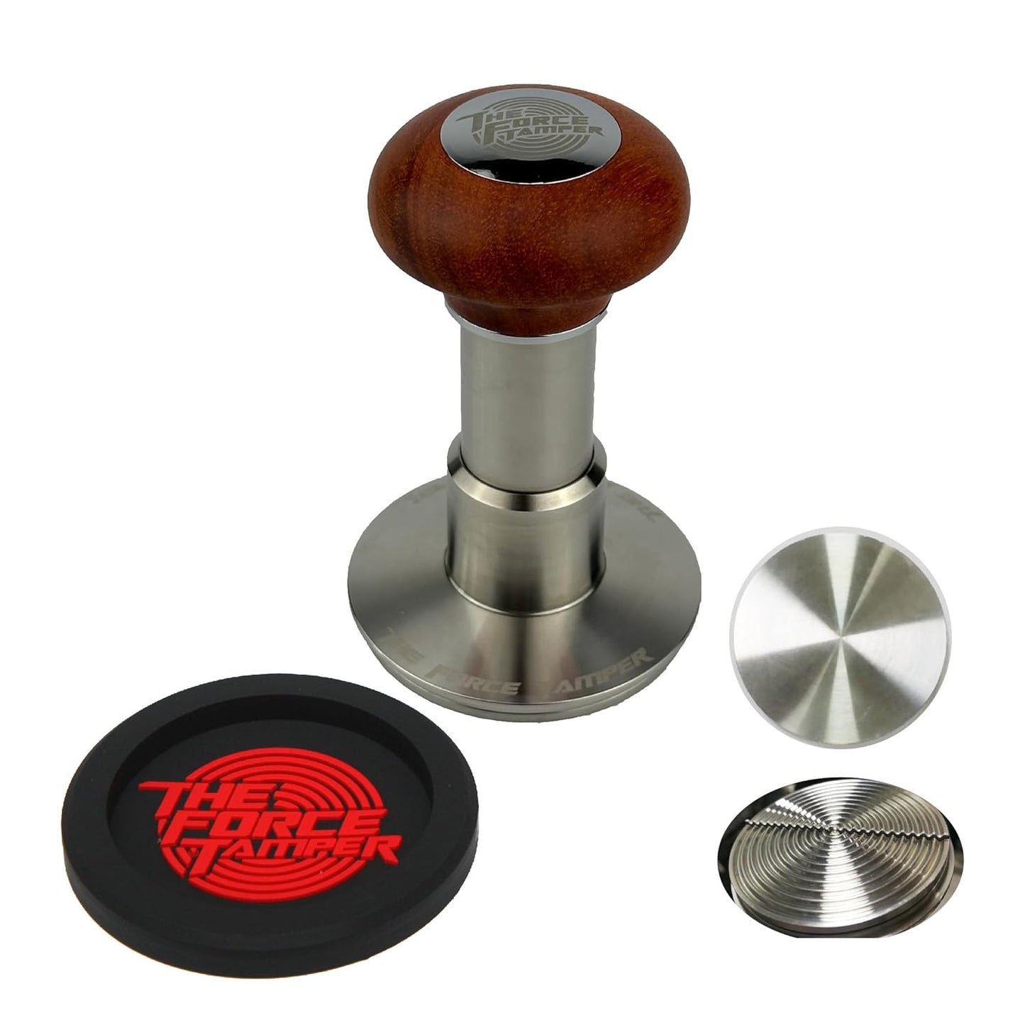 The Force Tamper Automatic Impact Adjustable Constant Pressure and Autoleveling Coffee Tamper Reddish Brown Jellyfish Wooden Handle Set Pro (Ripple-Distribute Set, 58.35mm)