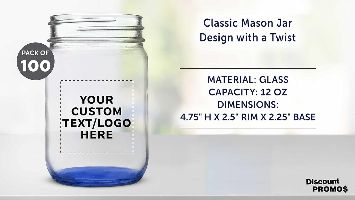 DISCOUNT PROMOS Custom Decorating Mason Jars 12 oz. Set of 100, Personalized Bulk Pack - Glass Jars for Overnight Oats, Candies, Fruits, Pickles, Spices, Beverages - Blue