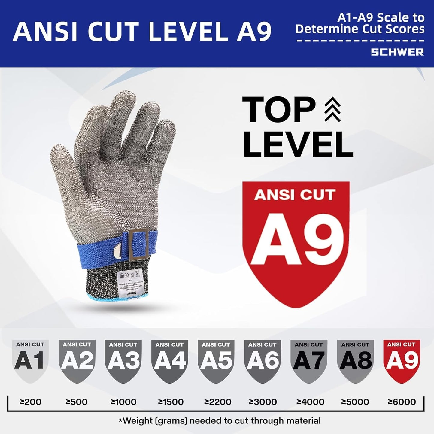 Schwer SlicePro ANSI A9 Cut Resistant Glove PR1706, Stainless Steel Mesh Metal Glove, Food Grade for Kitchen Cooking, Butcher Meat Cutting, Oyster Shucking, Mandoline, Non-PFAS (L, 1 PCS)