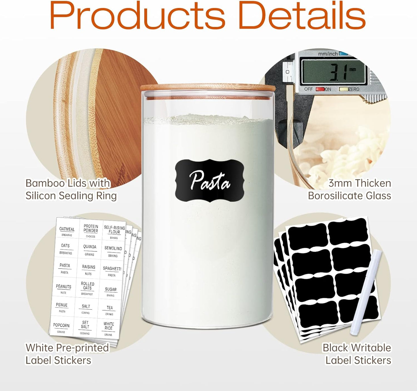 Glass Jars with Bamboo Lids 53 FL OZ [Set of 4], Glass Canisters with Airtight Lids, Glass Food Storage Containers for Pasta, Oats, Coffee, Flour, Sugar, Rice, Best for Kitchen & Pantry