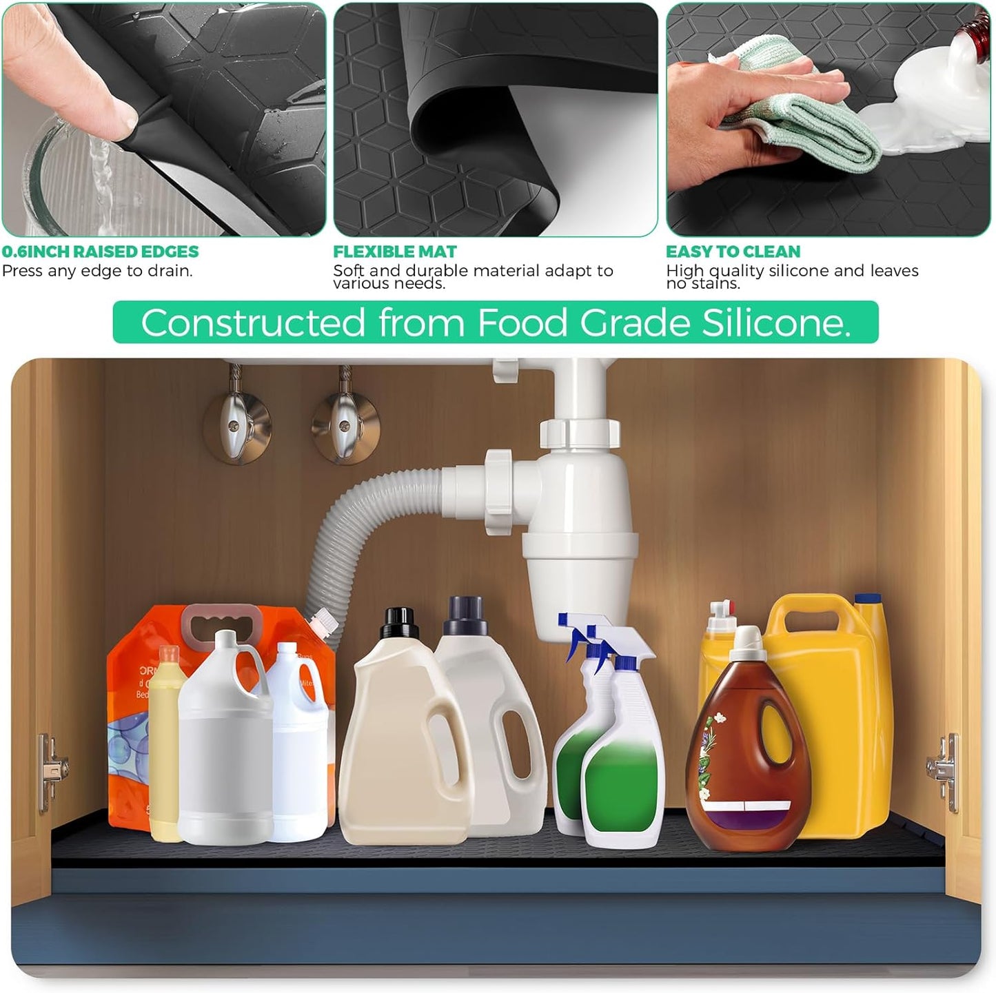 TRZZ Silicone Waterproof Under Sink Mat 34" x 22", Drip Tray and Cabinet Liner for Kitchen and Bathroom, Prevents Water Damage and Organizes Cabinets (Black)