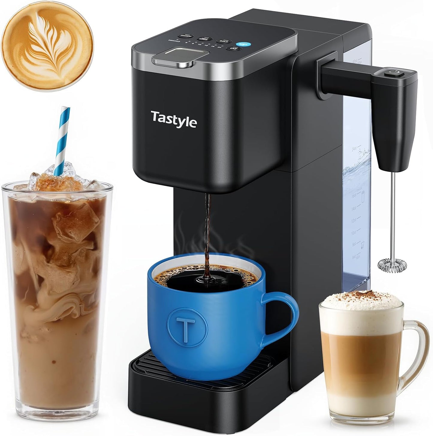 Single Serve Coffee Maker with Built-in Detachable Milk Frother, Iced and Hot Coffee Machine for K Cup & Grounds, 40oz Removable Water Reservoir, 6 Cup Sizes, Fits 7.3" Travel Mug, Black