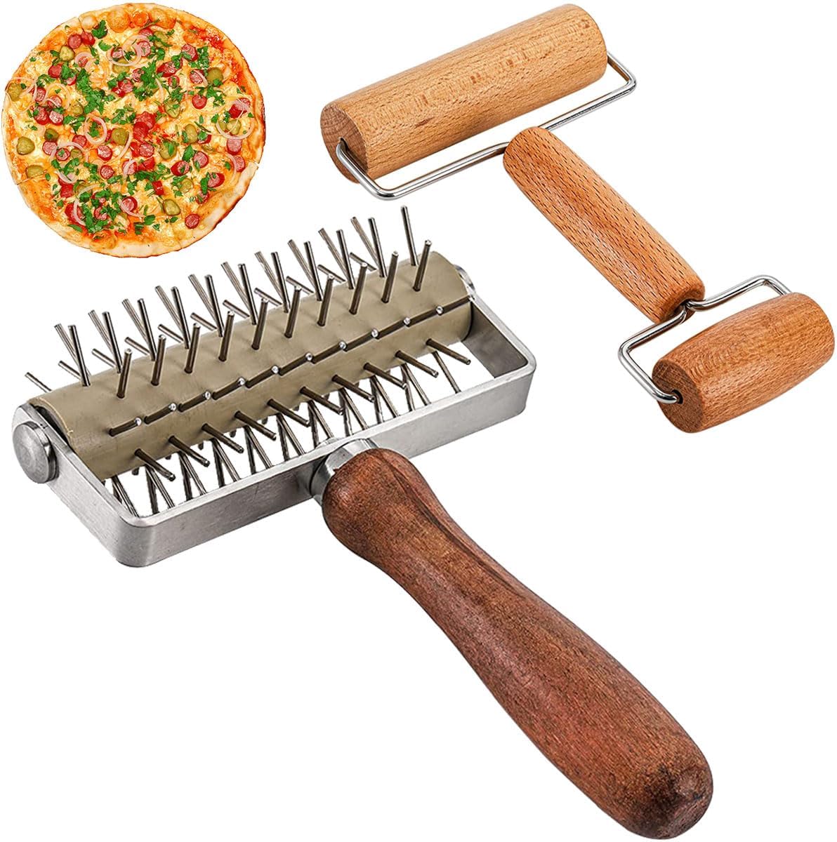 Dough Docker Roller Stainless Steel and Wooden Dough Roller, Set of 2 Pizza Pin Roller Dough Hole Maker Wood Pastry Pizza Roller for Pizza, Cookie, Pie, Pastry, Bread, Crust
