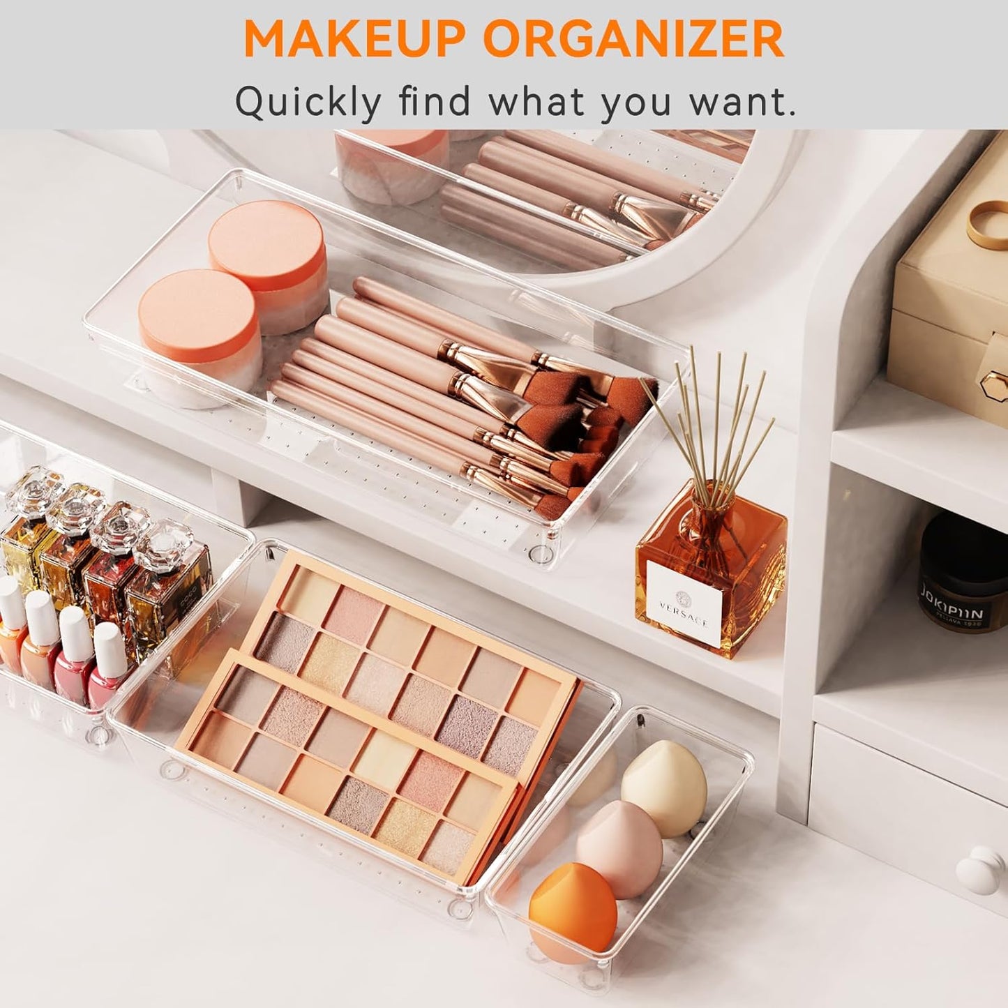 Criusia 16 Pack Large Clear Plastic Drawer Organizer Bins - 5 Size Acrylic Bathroom and Vanity Organizers and Storage Trays for Makeup Office Home, Kitchen Drawer Organizer for Utensils, Gadgets