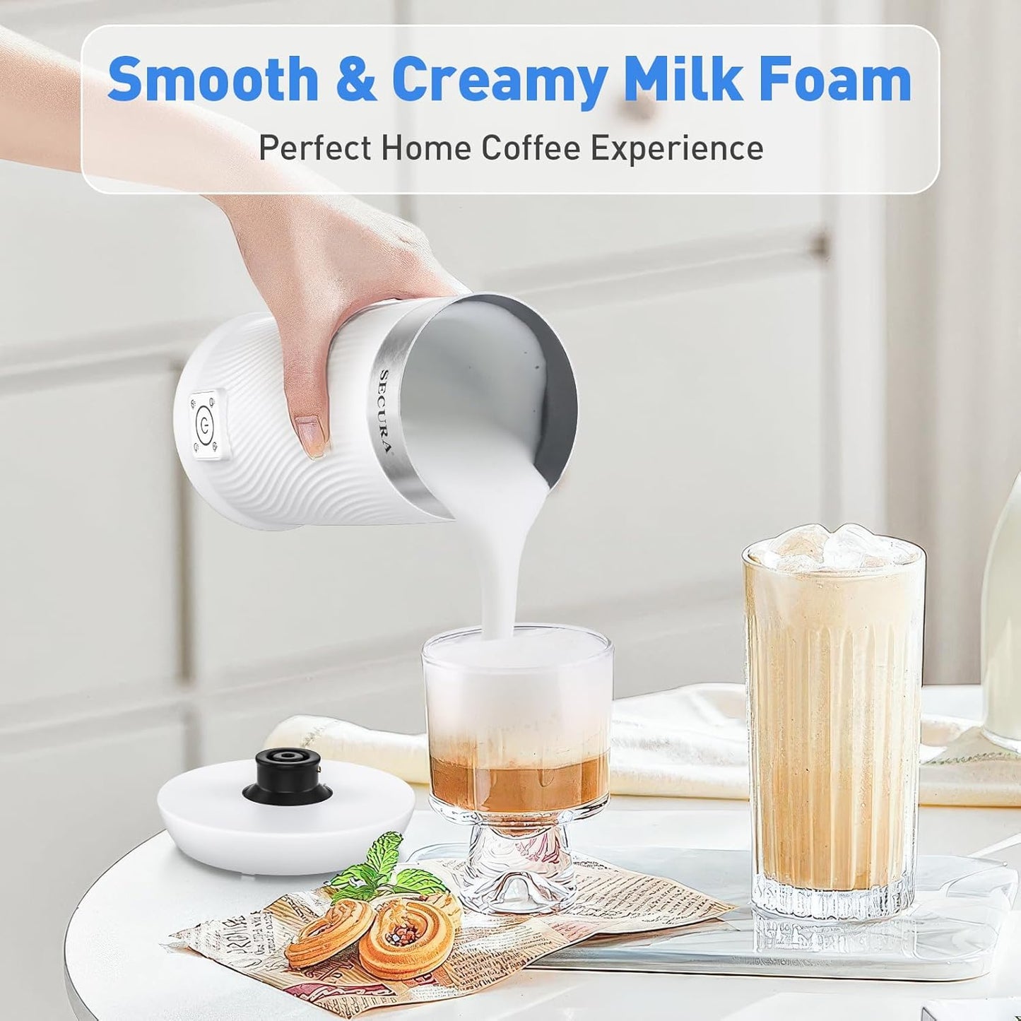 Secura 4-in-1 Electric Milk Frother & Warmer – Hot/Cold Foam Maker for Lattes, Cappuccinos, Macchiatos, Hot Chocolate & Matcha – IPX6 Splashproof, Auto Shut-Off, Teflon-Free & BPA-Free