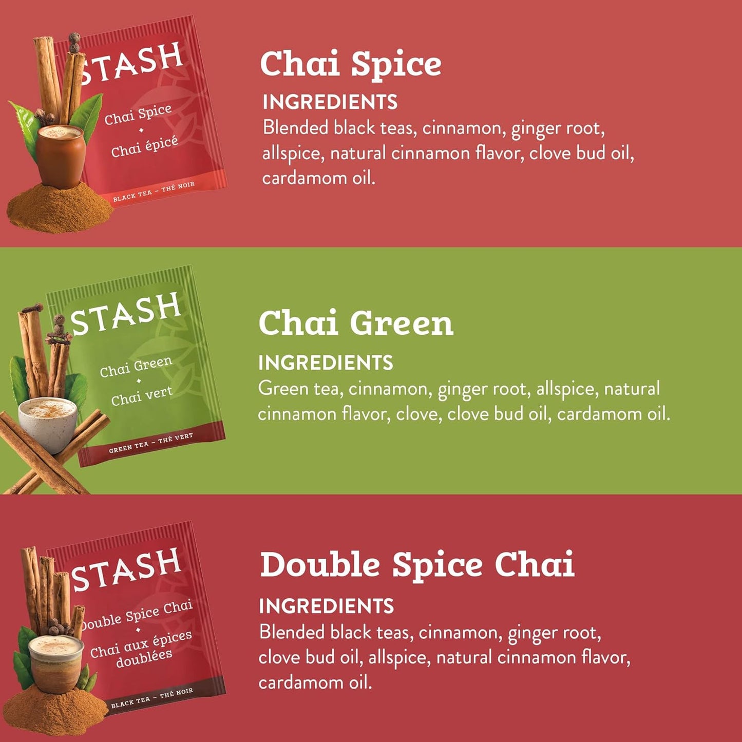 Stash Tea Chai Tea Variety Pack Sampler Assortment - Caffeinated, Non-GMO Project Verified Premium Tea with No Artificial Ingredients, 18-20 Count (Pack of 6)