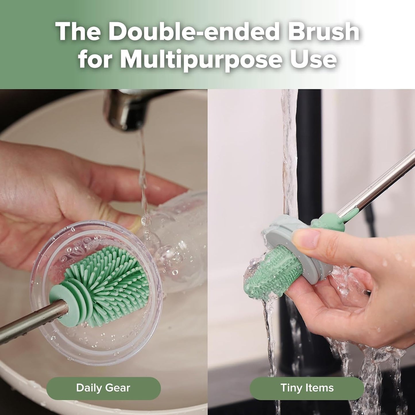 haakaa Cleaning Brush Silicone Bottle Brush Double-Ended Soft Silicone Bristles for Breast Pumps, Breast Milk Collectors, Baby Bottles, Teats, Breastmilk Storage Bags, Pea Green-1pk