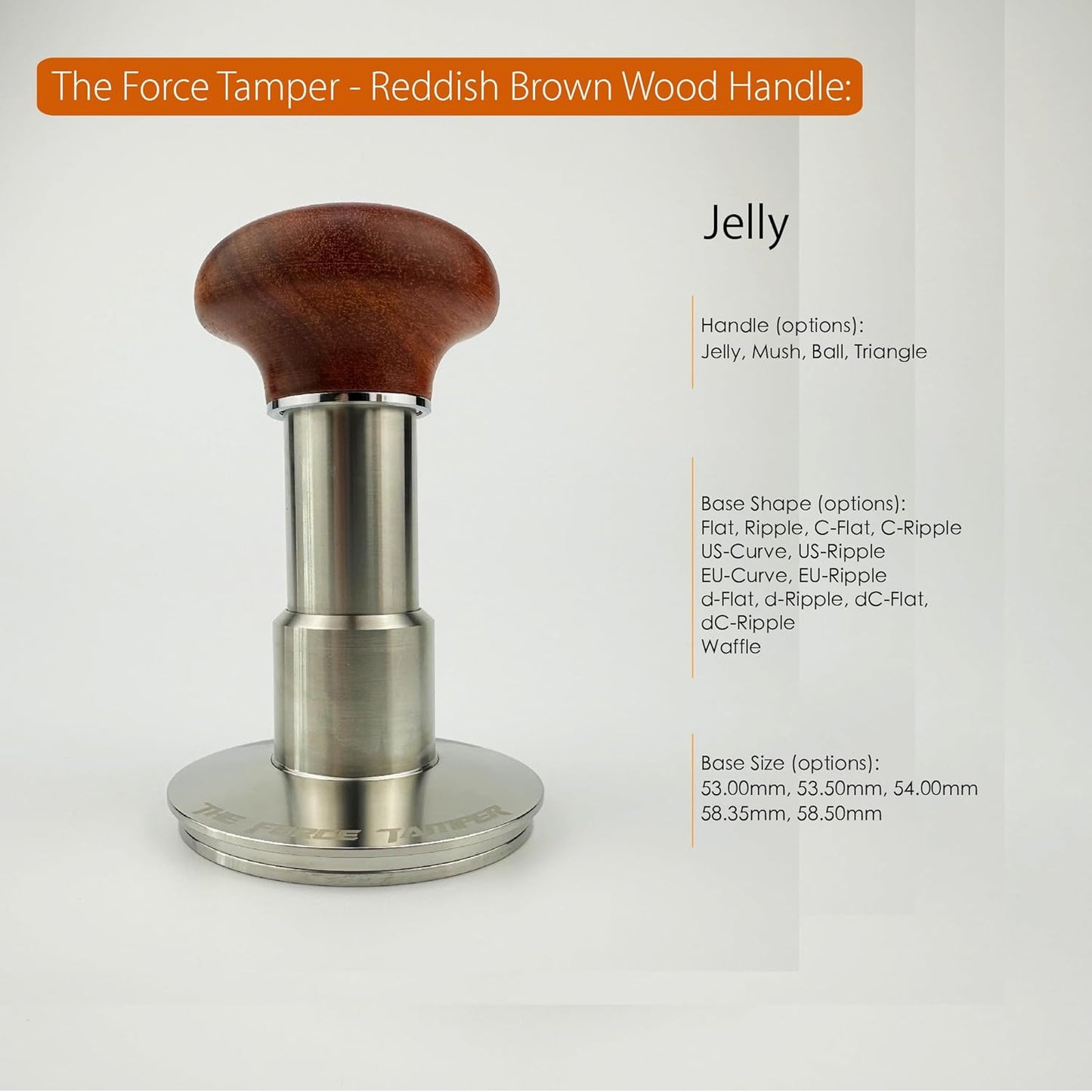 The Force Tamper Automatic Impact Adjustable Constant Pressure and Autoleveling Coffee Tamper Reddish Brown Jellyfish Wooden Handle Set Pro (Flat-Distribute Set, 53.00mm)