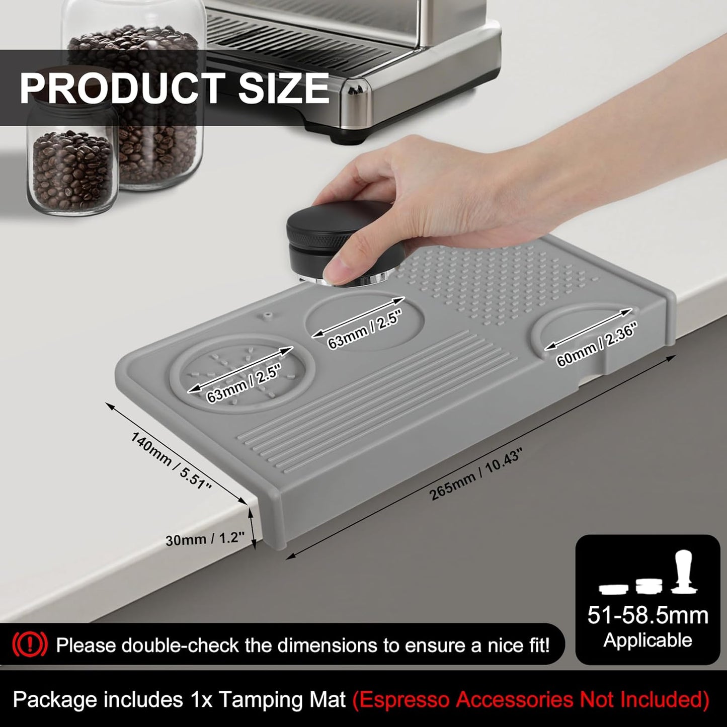VOCOSTE Espresso Tamping Mat, Non-Slip, Prevents Portafilters from Damaging the Counter, Silicone 10.43"x5.51" Coffee Tamper Mat for Barista Espresso Machine Accessories, Grey