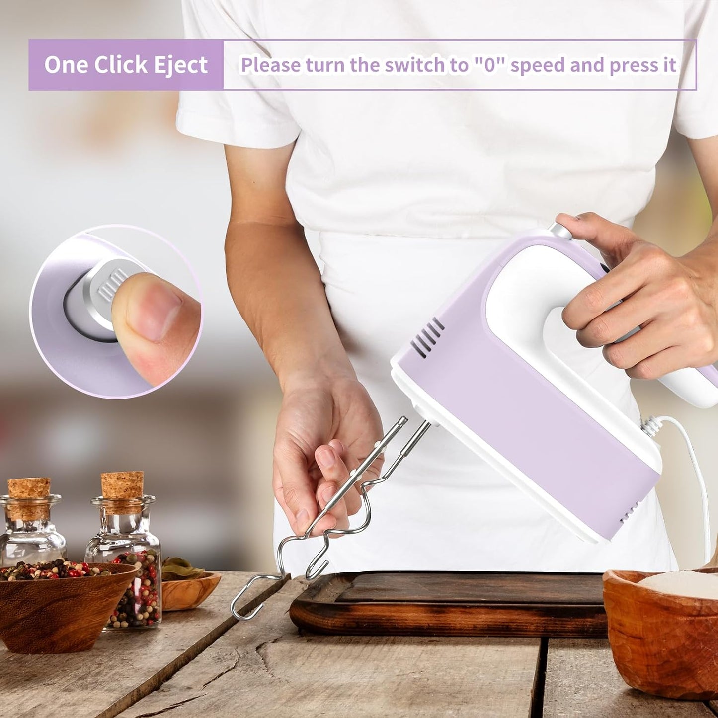 9-Speed Digital Hand Mixer Electric, 400W DC Motor, Hand Mixer electric Handheld with Snap-On Storage Case, Touch Button, Turbo Boost, 5x Stainless Steel Accessories (Lilac Purple)