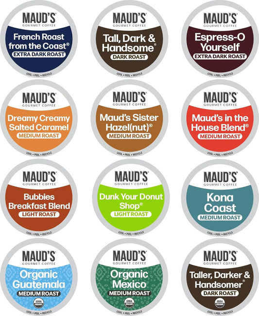 Maud's Family Pack Coffee Pods Variety Pack, 136 ct, 12 Assorted Flavors, Medium Roast Recyclable Single Serve Pods – 100% Arabica Coffee, Compatible with Keurig K Cups Maker