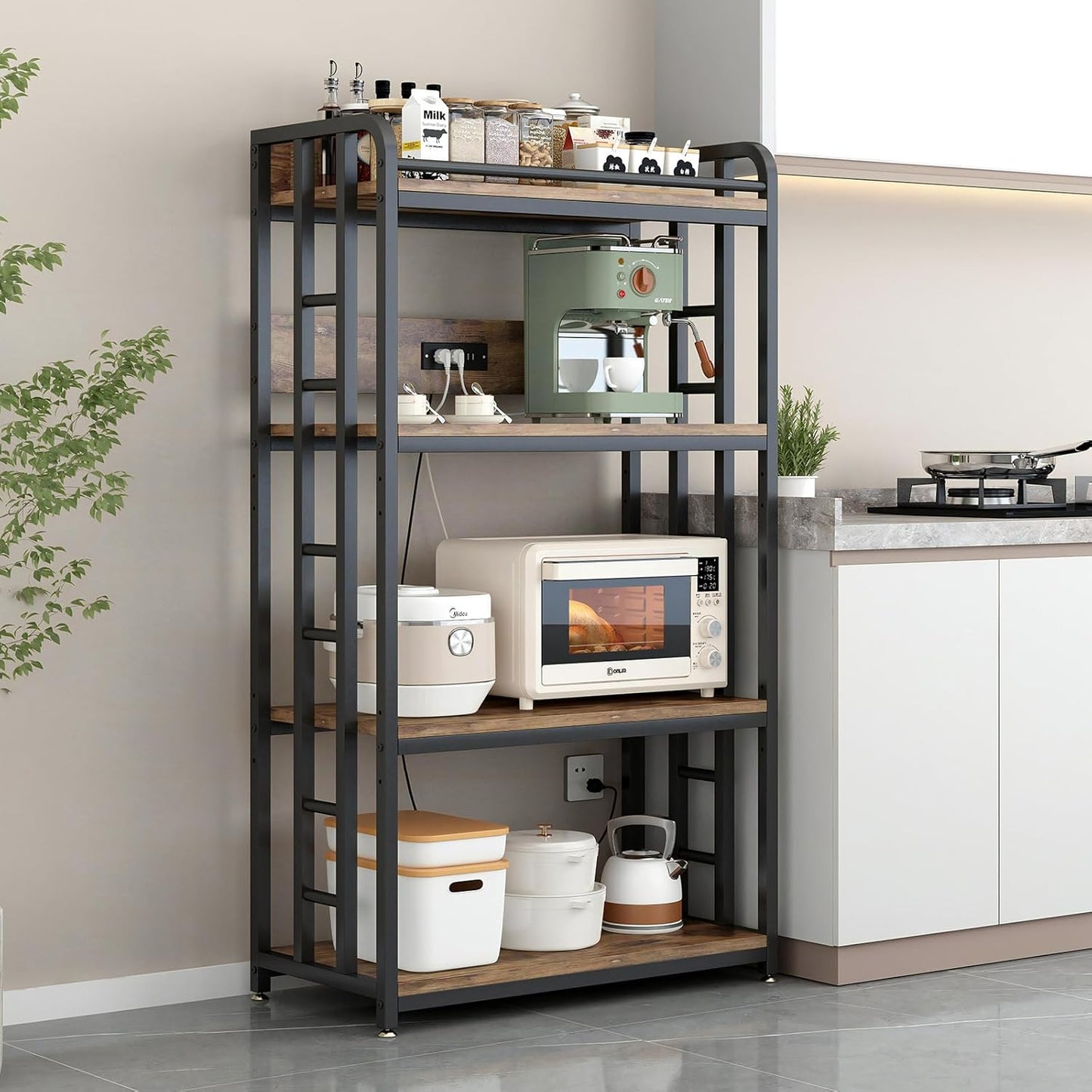 Adjustable 4-Tier Heavy Duty Kitchen Baker's Rack with Power Outlet, with Industrial Wheels, Free Standing Microwave Oven Cart Stand for Storage in Living Room, Garage, Rustic Brown