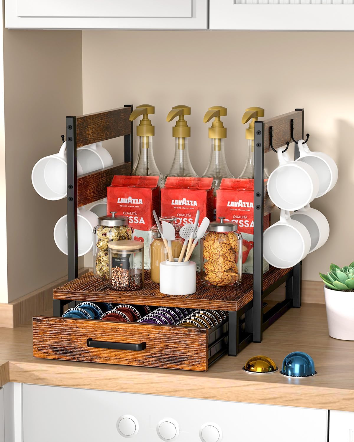 Coffee Pod Holder, Vertuo Pod Holder Compatible with Nespresso, 28 Large or 56 Small Nespresso Capsule Organizer Drawer Station with Cup Rack, Rustic Brown