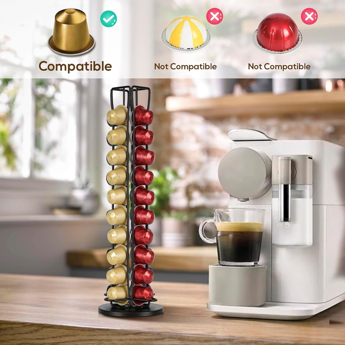RECAPS Coffee Pod Holder Stand Compatible with Nespresso OriginalLine, Rotatable Coffee Capsules Carousel for 40 Pods, Space-Saving Countertop Storage Rack Organizer（Black）