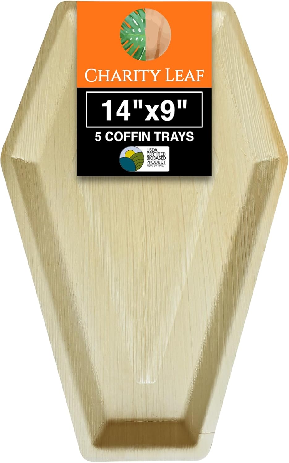 Charity Leaf Disposable Palm Leaf 14"x9" Coffin Trays (5 pieces) Bamboo Like Serving Platters, Disposable Boards, Eco-Friendly Dinnerware For Halloween, Weddings, Catering, Events