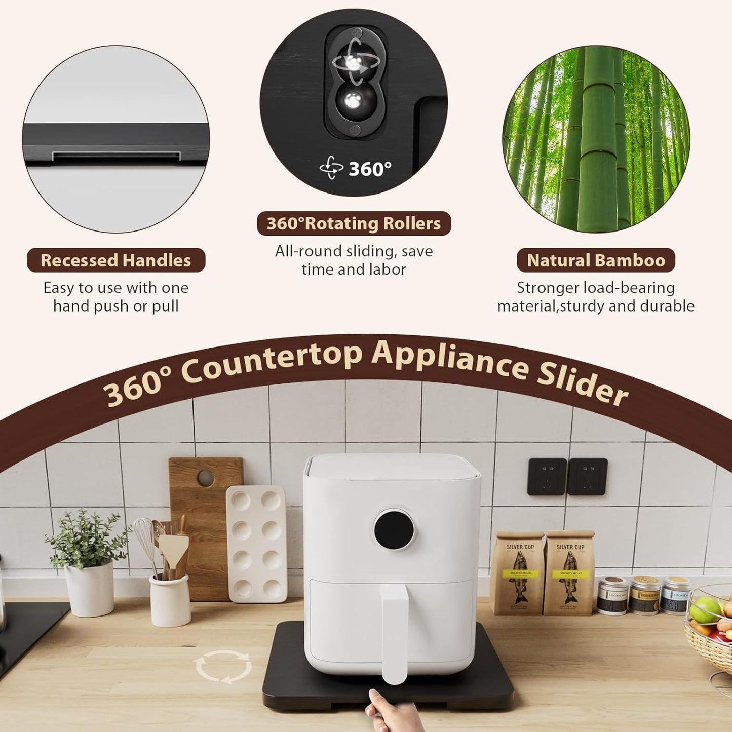 GuanQiao 360° Rotation Appliance Slider for Coffee Maker & Heavy Kitchen Appliance, Bamboo Rolling Tray for Kitchen Counter, Sliding Tray with Premium Wheels (Black, 15.7"×13")