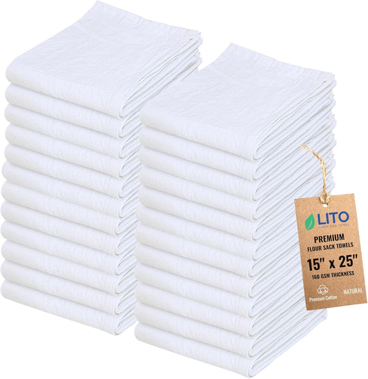 Flour Sack Towels ? 24 Pack Cotton Kitchen Dish Towel, Tea Towels for Crafts, Embroidery, Baking, Bread Proofing ? Thick, Absorbent, Quick-Dry ? 15"x25" Natural