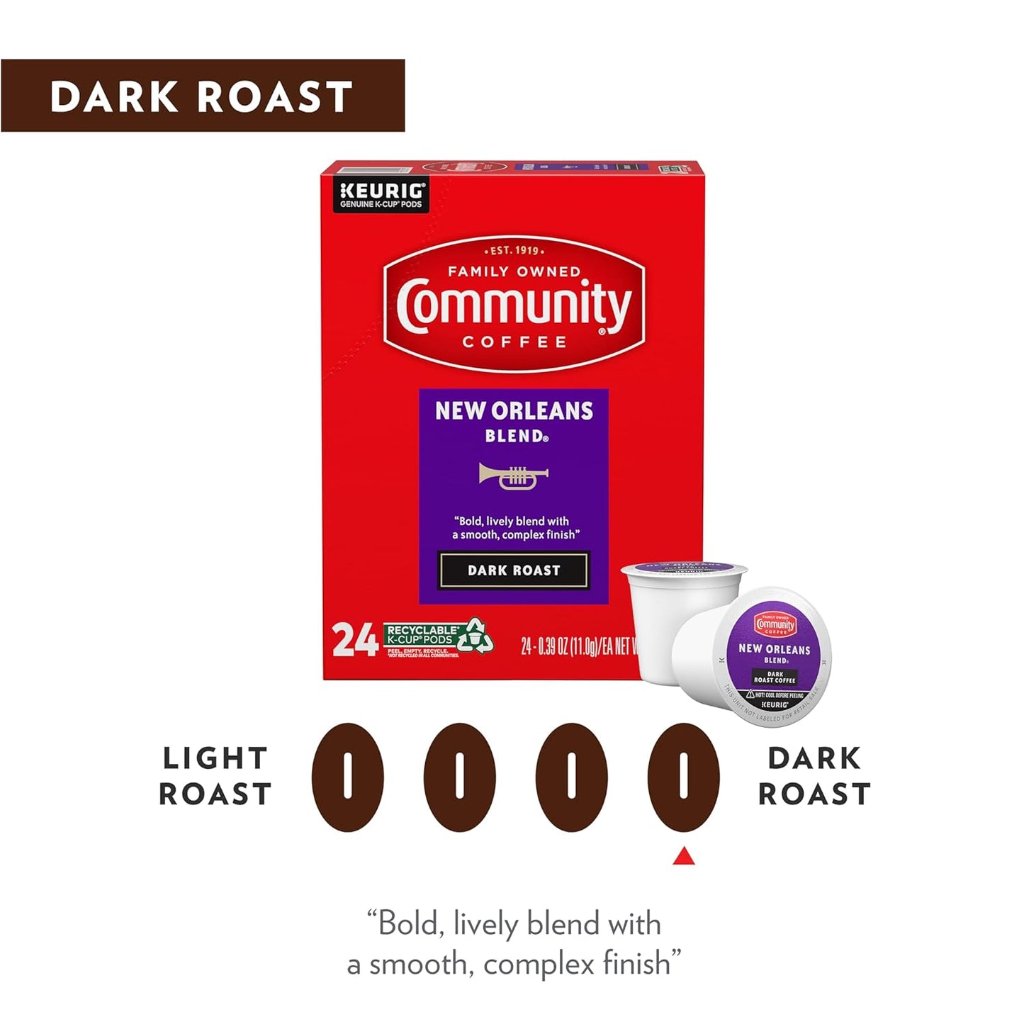 Community Coffee New Orleans Blend 96 Count Coffee Pods, Special Dark Roast, Compatible with Keurig 2.0 K-Cup Brewers, 24 Count (Pack of 4)