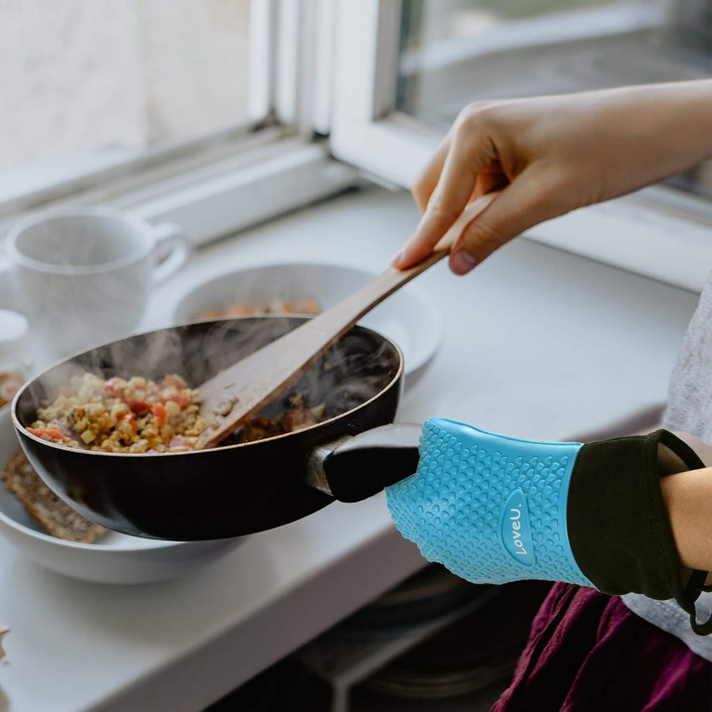 Kitchen Oven Gloves - Dual-Layer Heat Resistant Grilling Gloves, Silicone Oven Mitts with 5 Fingers, Waterproof Non-Slip Pot Holder for Barbecue, Cooking, Baking (Small, Blue)