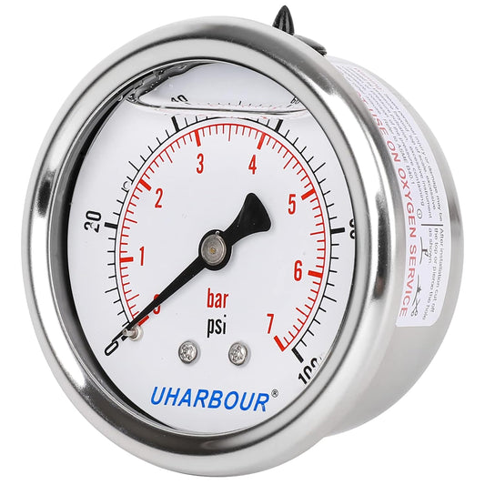 Glycerin Filled Pressure Gauge 100psi/7bar, Stainless Steel case, Brass Inside Construction, 2-1/2" dial, 1/4" NPT Back Connection.¡¦