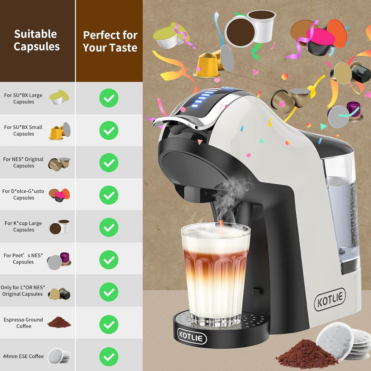 KOTLIE Hot&Cold brewing Single Serve Coffee Maker for K*eurig K*cup, Small Espresso Coffee Machine for D*olce G*usto/N*es Original/Ground Coffee/44mm ESE,Adjustable TEMP&Water Volume, 1L Water Tank