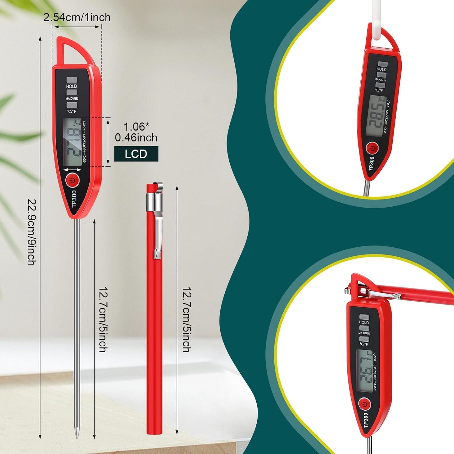 6 Set Waterproof Food Thermometer for Water, Liquid, Candle and Cooking Digital Meat Thermometer with Long Probe Instant Read for Kitchen BBQ Grill Candy (Red)