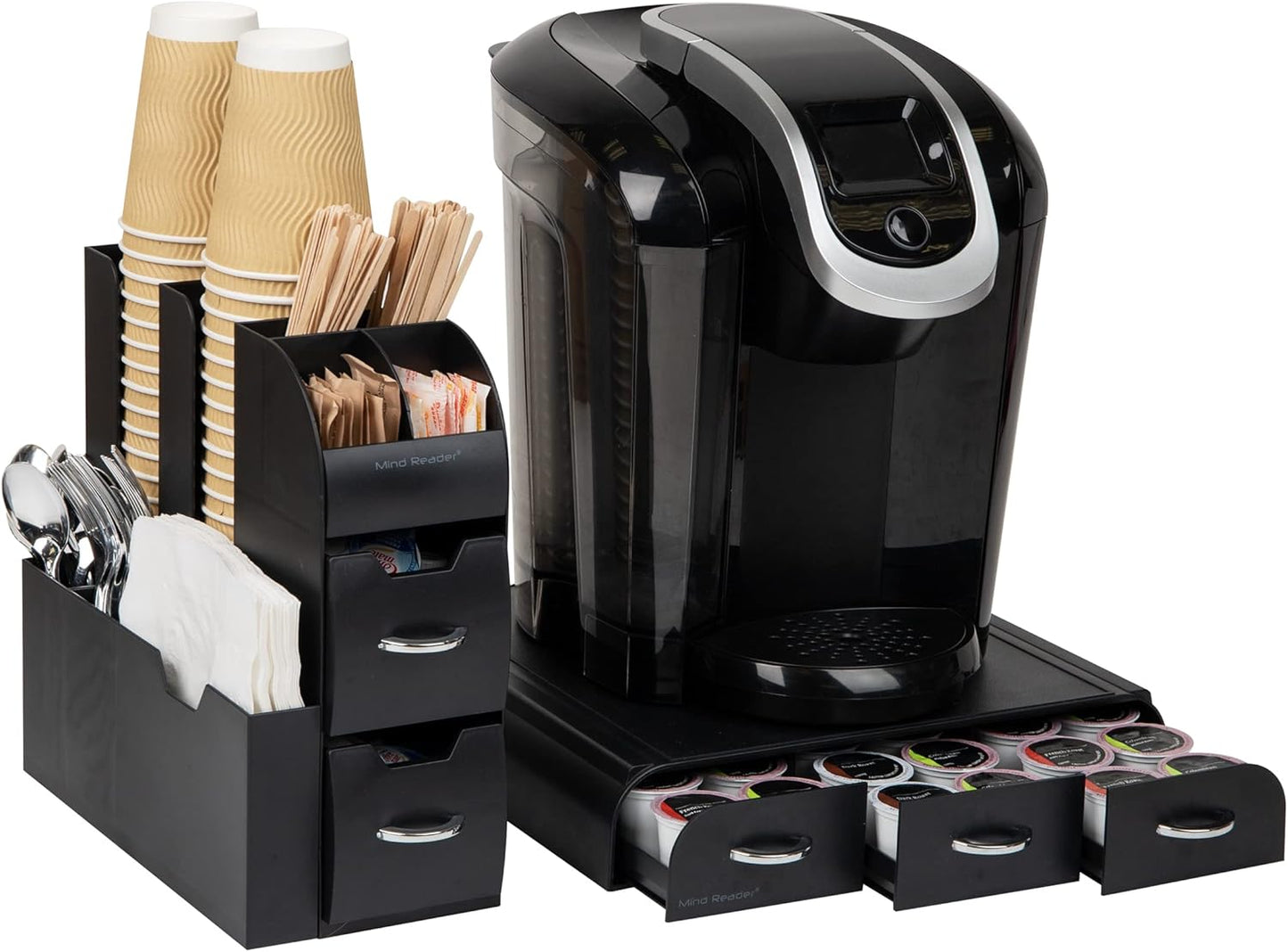 Mind Reader Single Serve Coffee Pod Drawer and Cup Condiment Set, 2 Pcs., 36 Pod Capacity, 5.35"L x 11.25"W x 11.15"H, Black