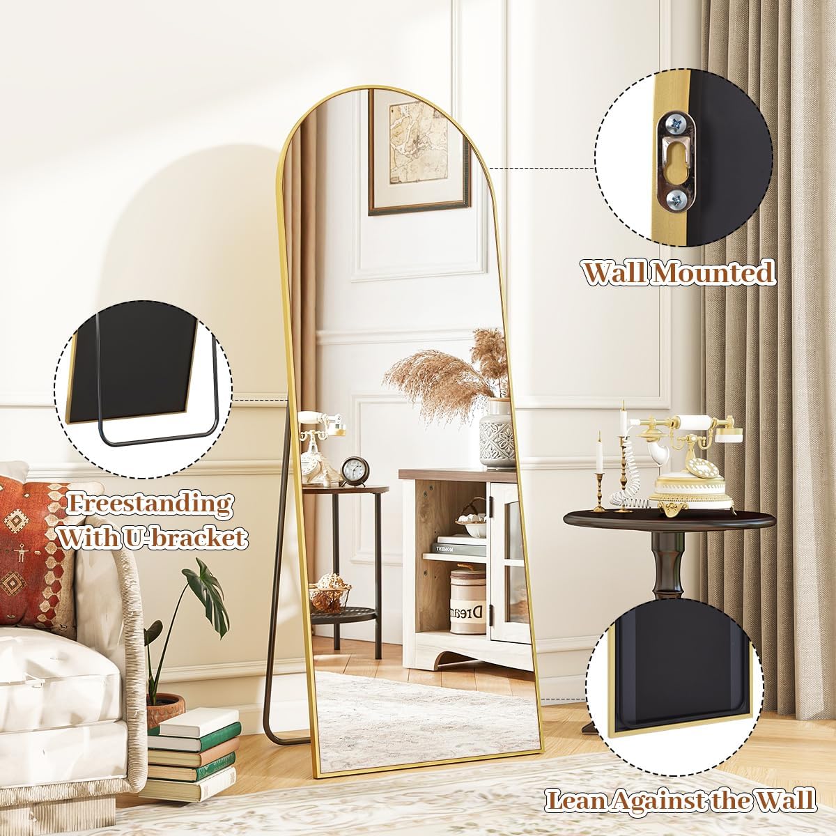 VooBang 18 x 58 inch Arched Full Length Mirror, Gold Arch Floor Mirror Full Length with Stand, Full Body Standing Mirror for Living Room, Bedroom, Hanging or Leaning Against The Wall