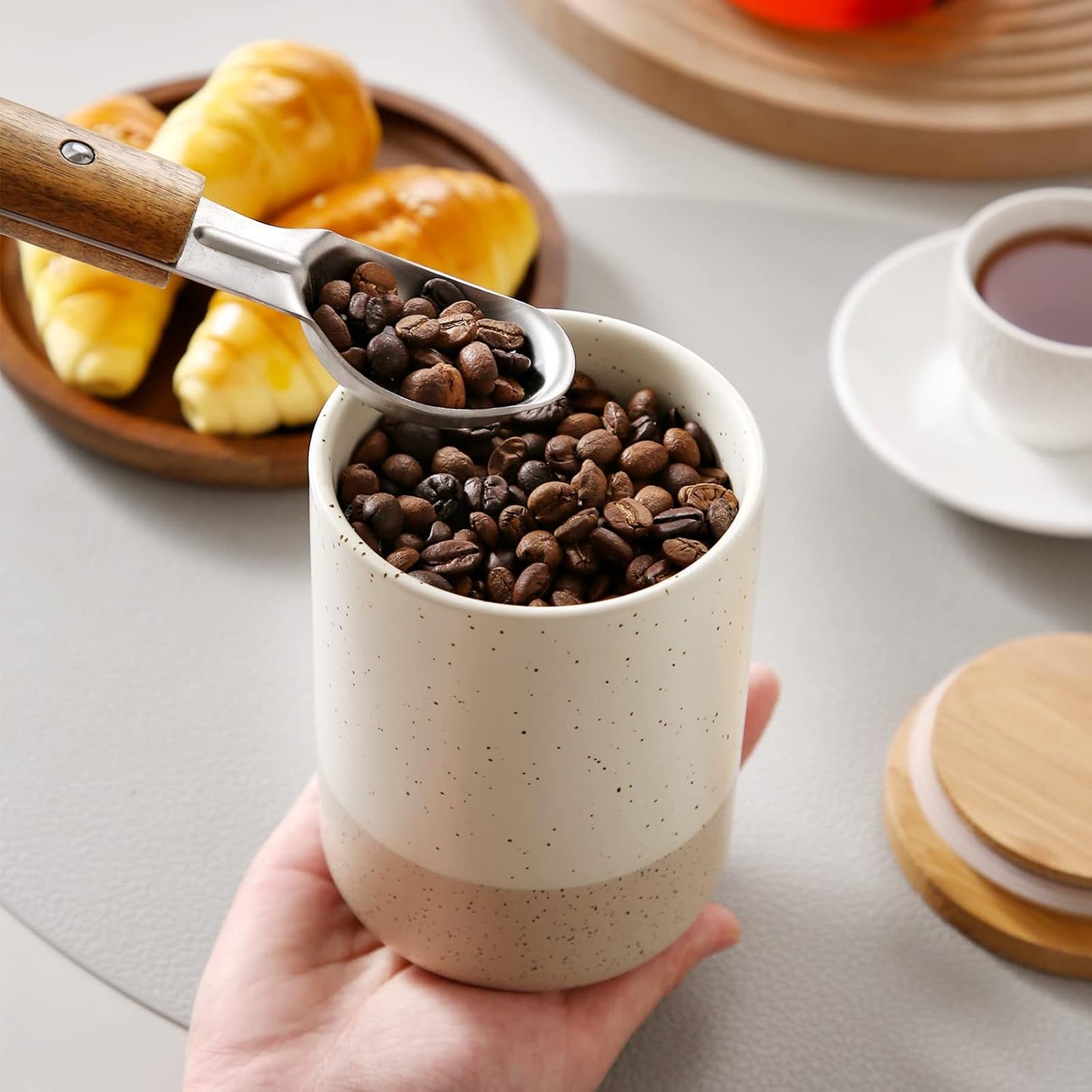 vancasso Sabine Small Ceramic Canister with Airtight Wood Lid - 18 oz Kitchen Storage for Coffee, Sugar, Tea & Spices - Compact Countertop Jar