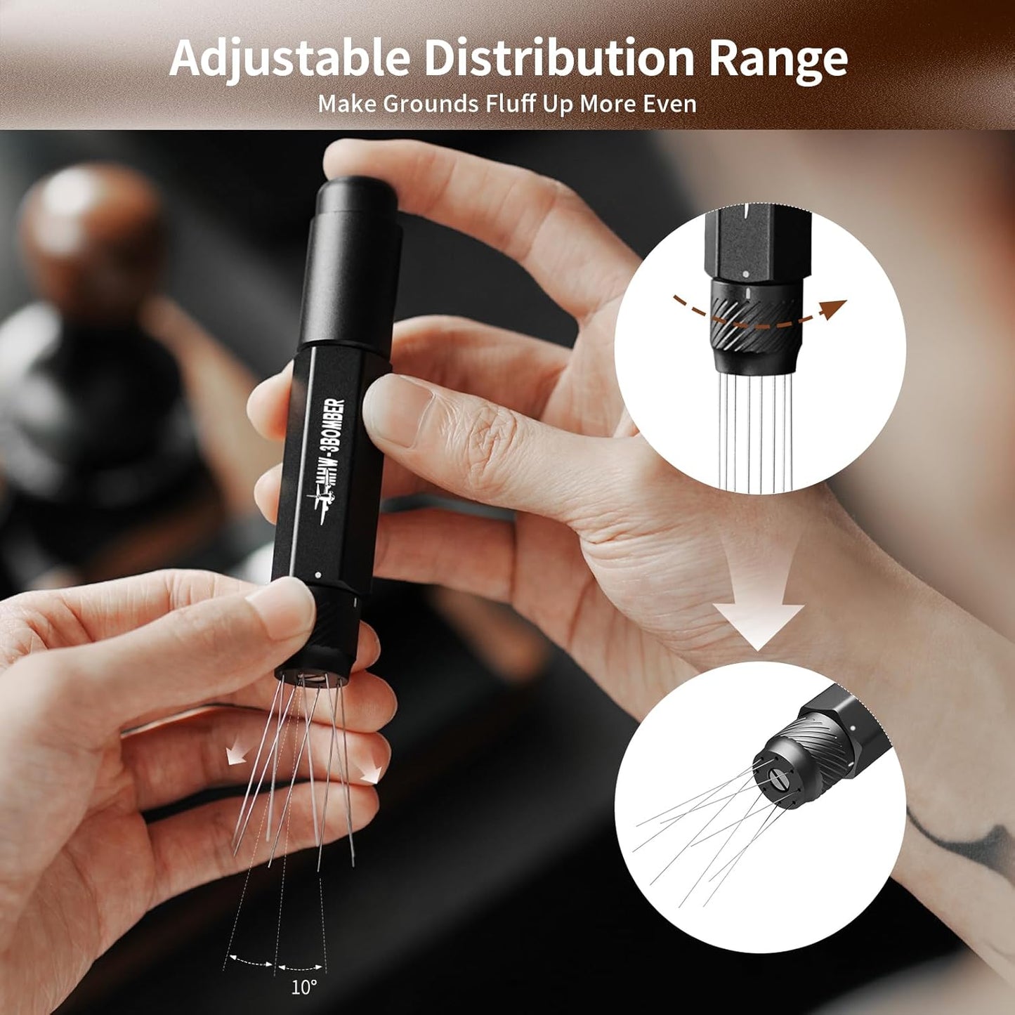 MHW-3BOMBER WDT Tool Espresso Distribution Tool Retractable Espresso Coffee Stirrer, Adjustable Range Coffee Distributor for Barista, Magnetic Store, 0.4mm 8 Needles with 8 Extra, Gold, T6190-OS