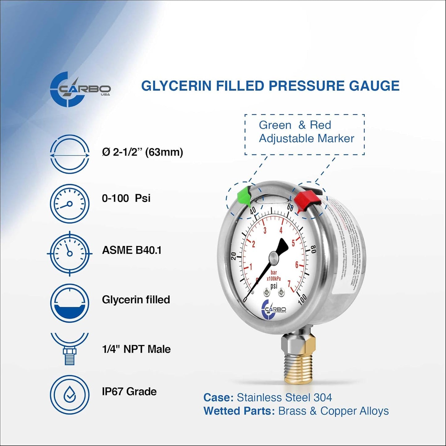 Stainless Steel Pressure Gauge Dual Display (0-100 psi/kPa) - 2 1-2" Glycerine Liquid Filled Water Air Oil Gas Gauge with Polycarbonate Lens & Brass Connection - 1/4" NPT Lower Mount
