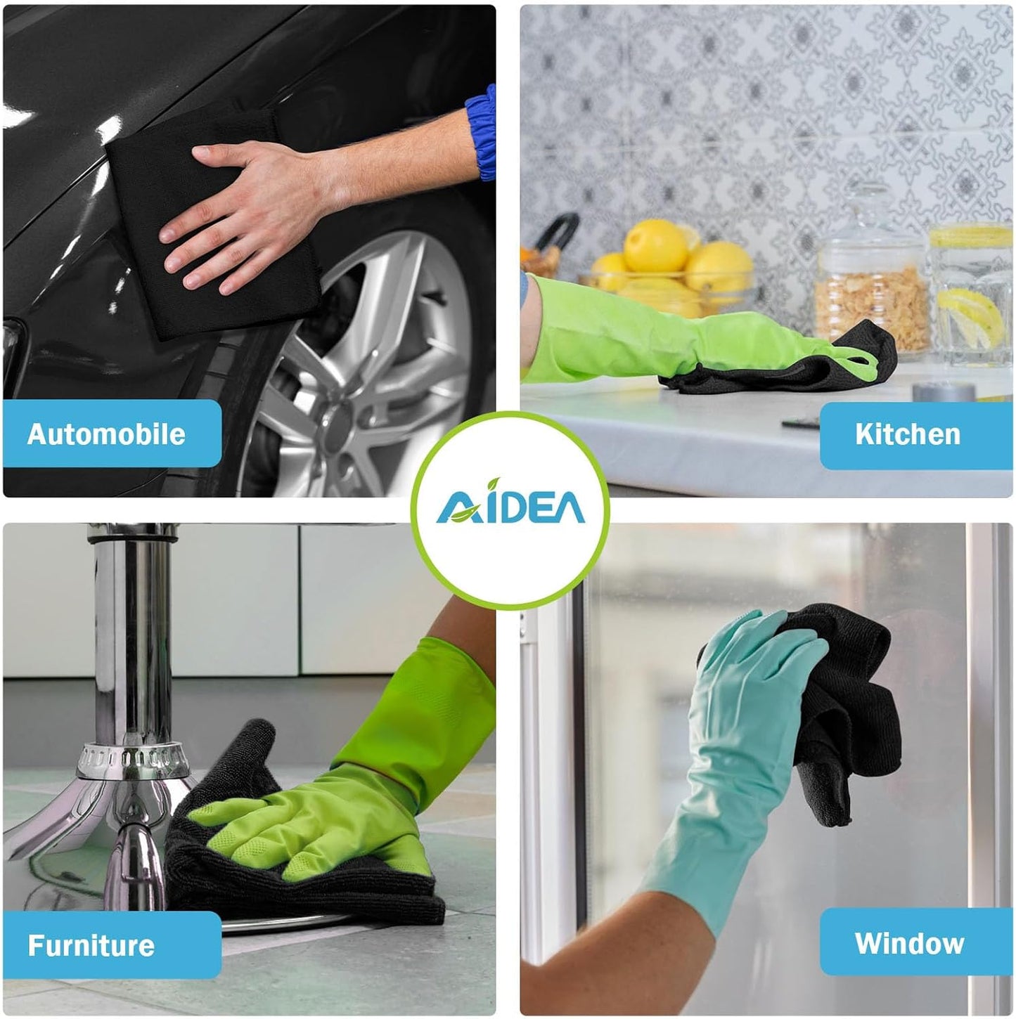 AIDEA Microfiber Cleaning Cloth Black 8PK, Microfiber Towels for Cars, Premium Car Cloths, Dusting Cloth Lint Free Cleaning Rags for SUVs, House, Kitchen, Window, Workshops,11.5×11.5"