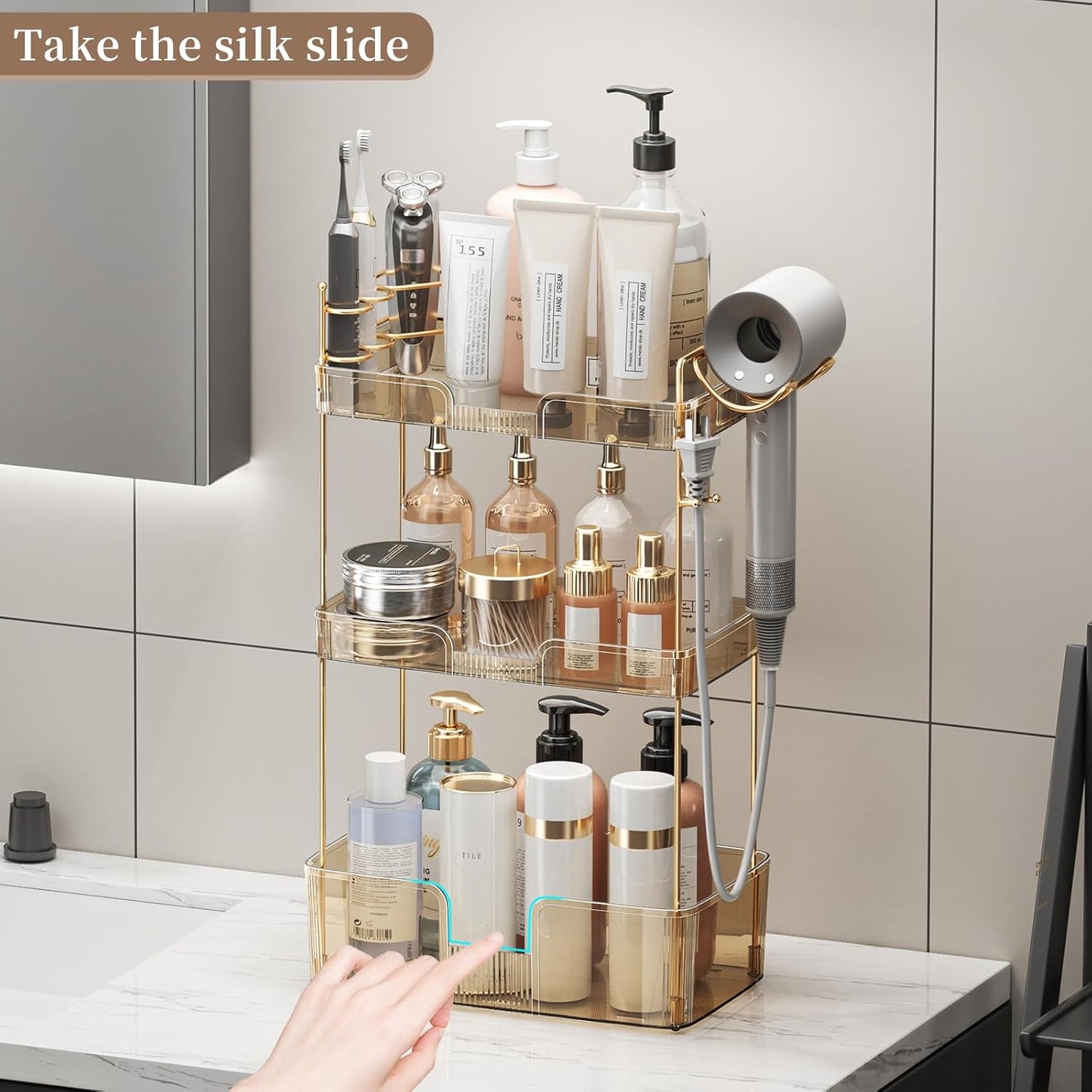 YCIA&DONE Luxury Bathroom Counter Organizer, Large Makeup Organizer Countertop, Shelf Organizer, Vanity Tray, Easily Assemble for Bathroom Organizers and Storage, Undersink, Cabinet,3 Tiers Amber