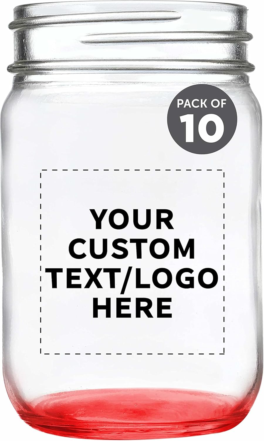 DISCOUNT PROMOS Custom Decorating Mason Jars 12 oz. Set of 10, Personalized Bulk Pack - Glass Jars for Overnight Oats, Candies, Fruits, Pickles, Spices, Beverages - Red