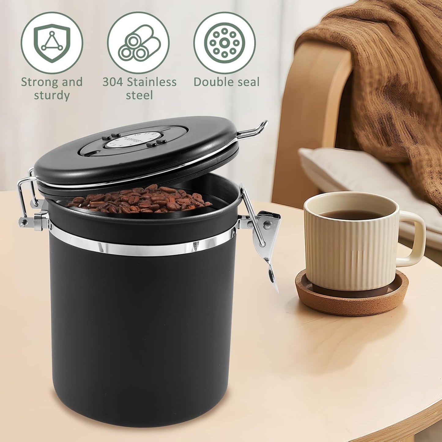 4PCS Coffee Storage Canister 1.5L Double Airtight Coffee Beans Container with Date Locator 304 Stainless Steel Kitchen Food Storage Container with Spoon for Tea Sugar,Black
