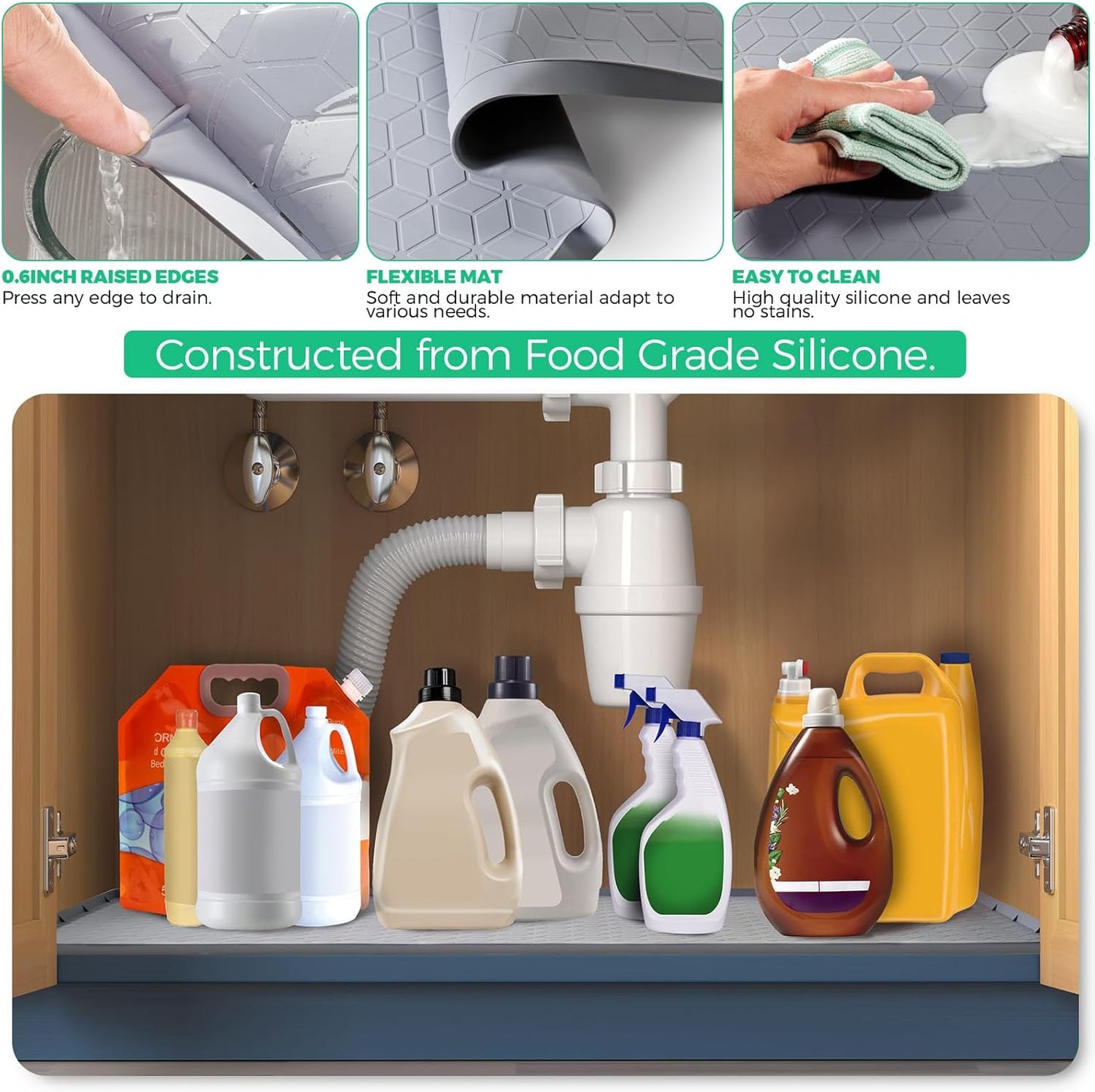 TRZZ Silicone Waterproof Under Sink Mat 34" x 19", Drip Tray and Cabinet Liner for Kitchen and Bathroom, Prevents Water Damage and Organizes Cabinets (Grey)