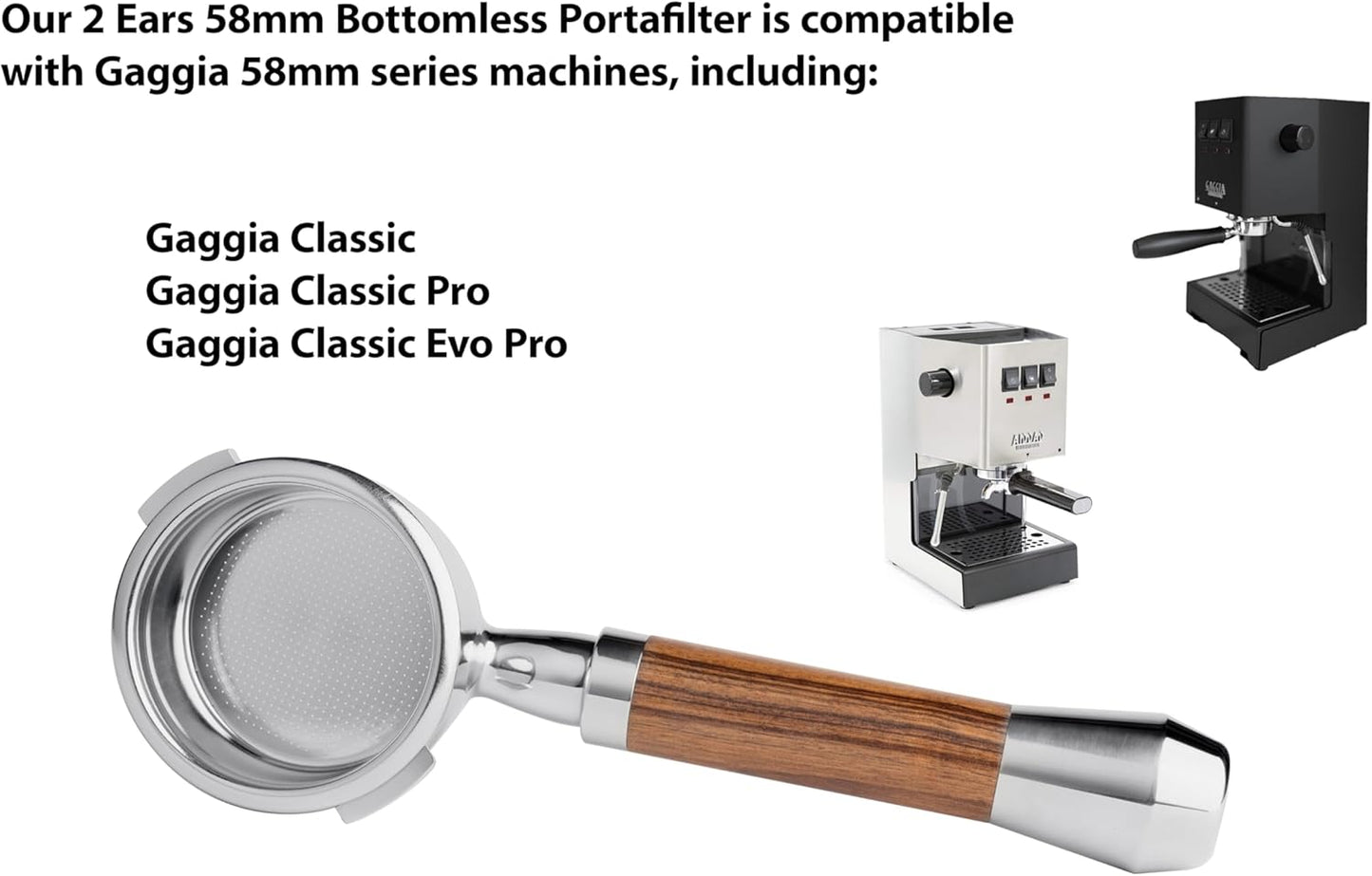 LILQ 58mm Bottomless Naked 2 Ears Portafilter Compatible with Gaggia Machines– Includes 18–20g Basket