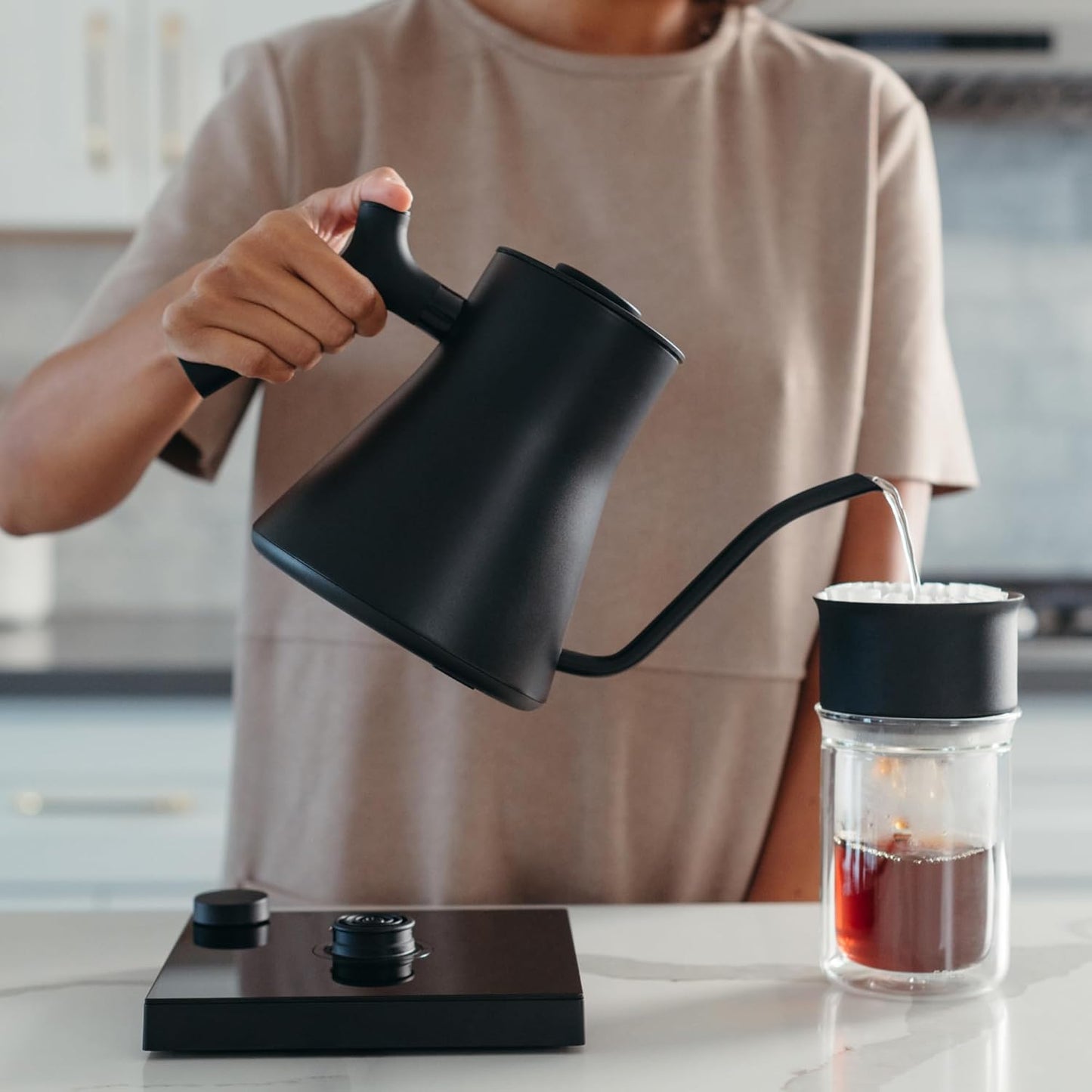 Fellow Stagg EKG Pro Electric Gooseneck Kettle - Pour-Over Coffee and Tea, Quick Heating, Precise Temperature Control, Scheduling, Built-in Brew Timer, Stone Blue with Walnut Wood Handle, 0.9 Liter